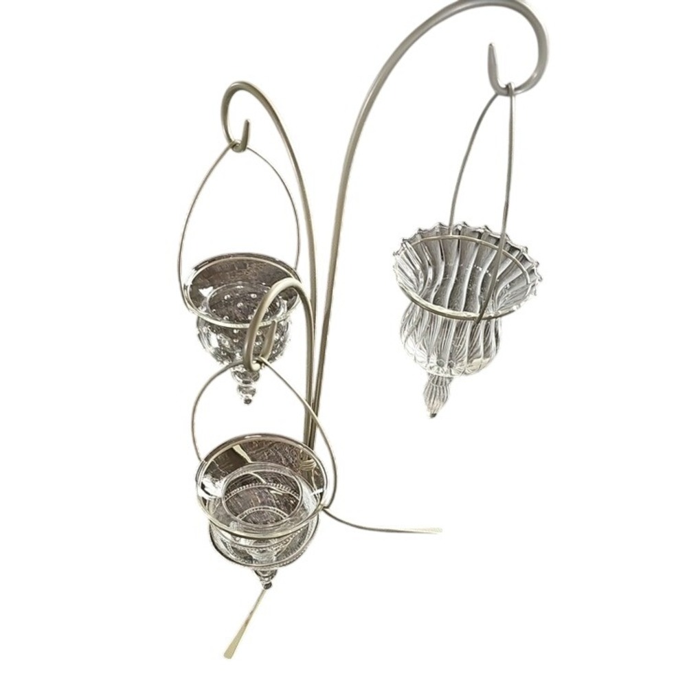 PartyLite 16 Inch Trio Hanging Glass Votive Holder Metal Stand Centerpiece Clear